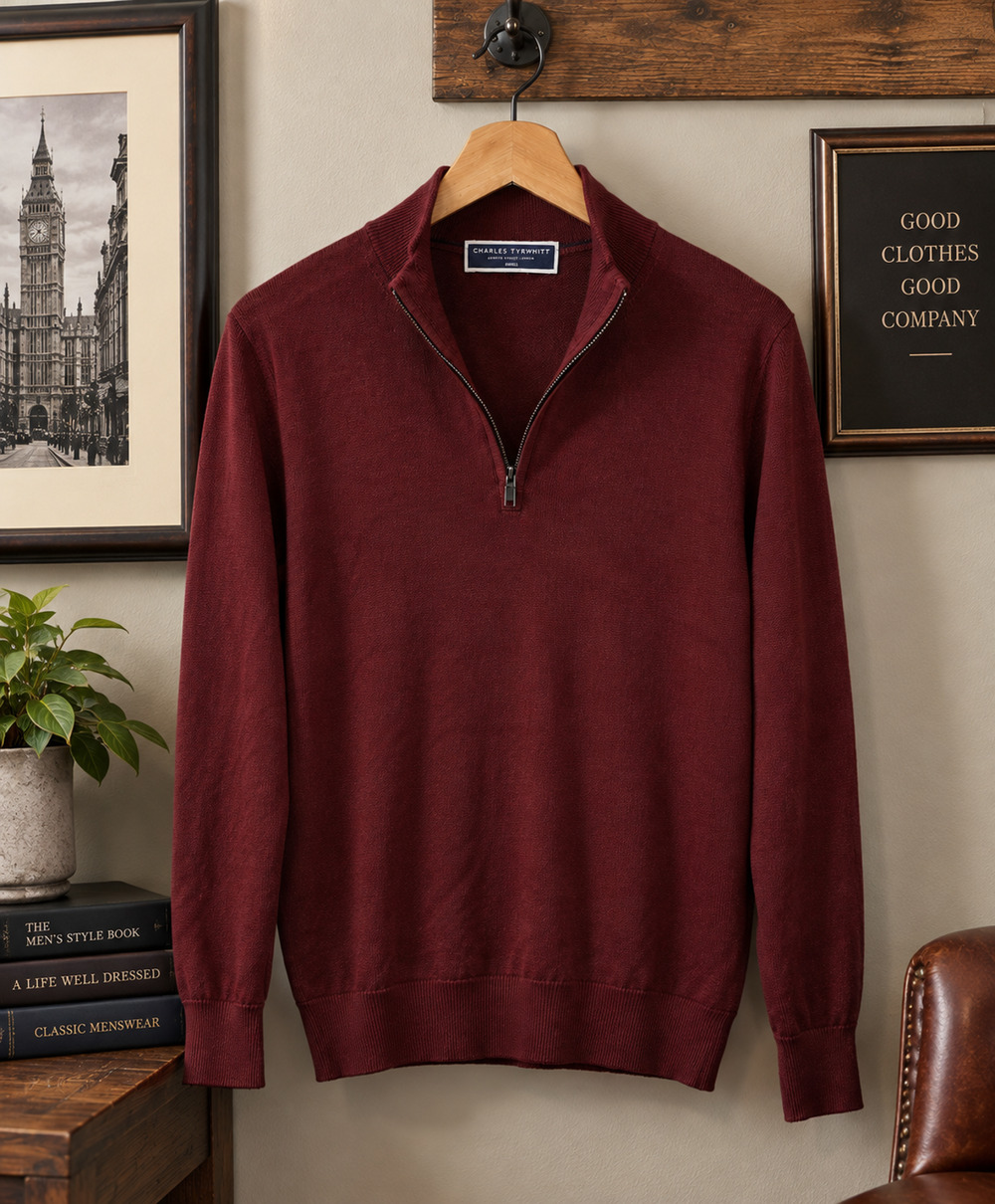 Charles Tyrwhitt Merino Wool 1/4 Zip Sweater Mens S Burgundy Extra Fine Pullover